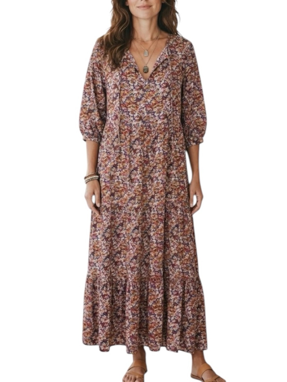 Natural life boho Tiered Floral V-Neck Maxi Dress size S